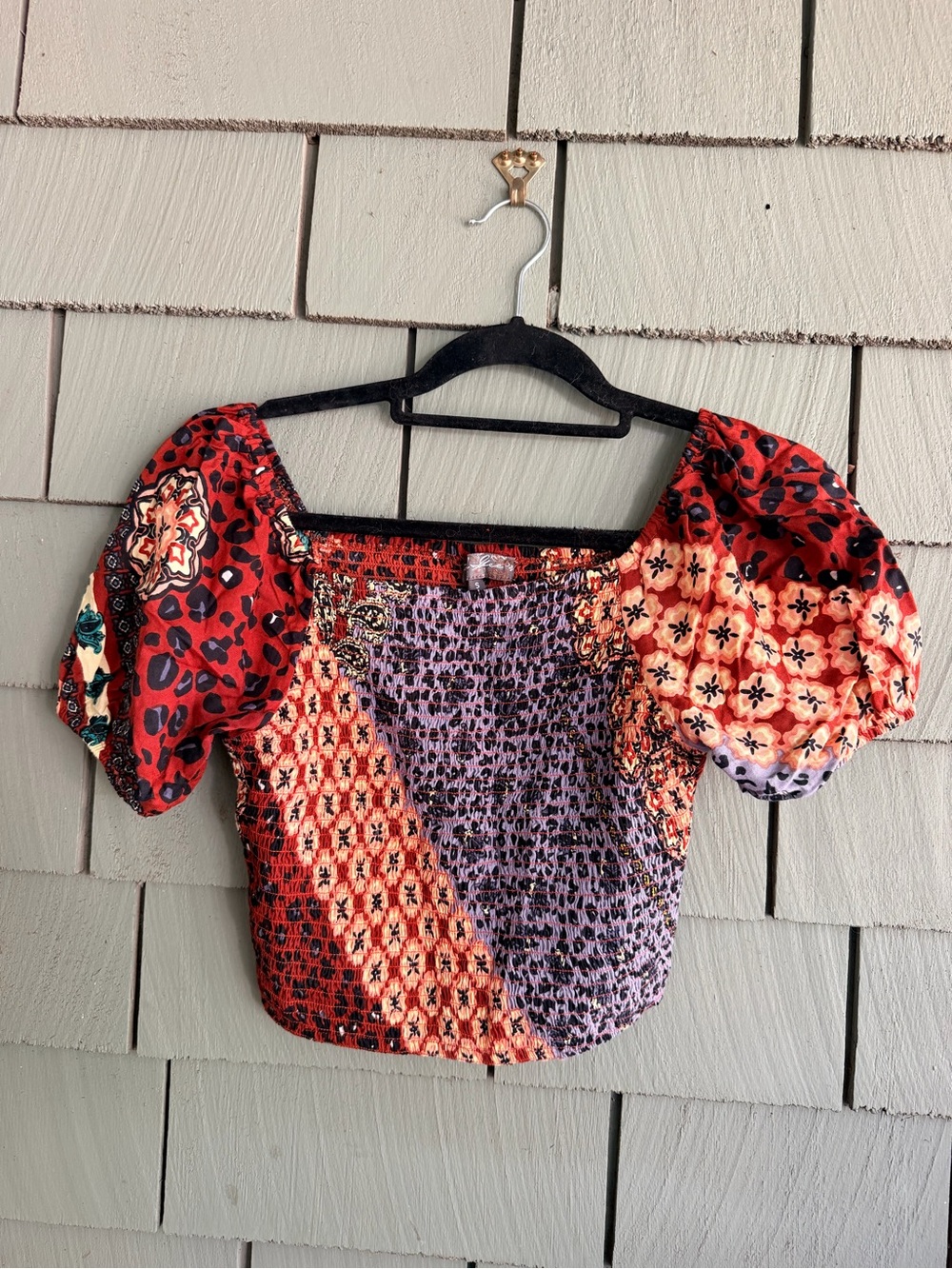 J Glee Patchwork Smocked Crop Top Small Boho Puff Sleeve Cottagecore Red Orange